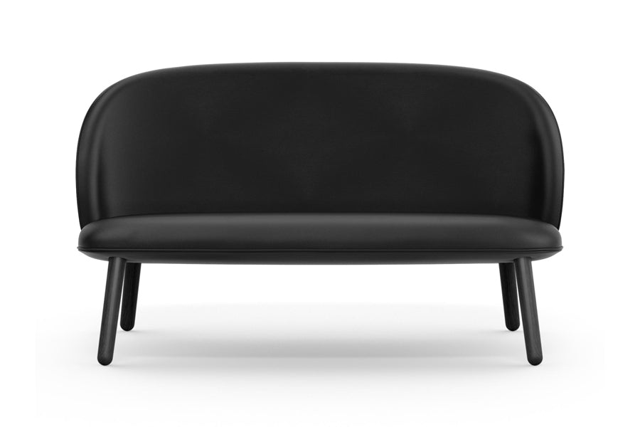 Ace Sofa by Normann Copenhagen, showing front view of ace sofa in black painted lacquered oak wood/ultra leathers.