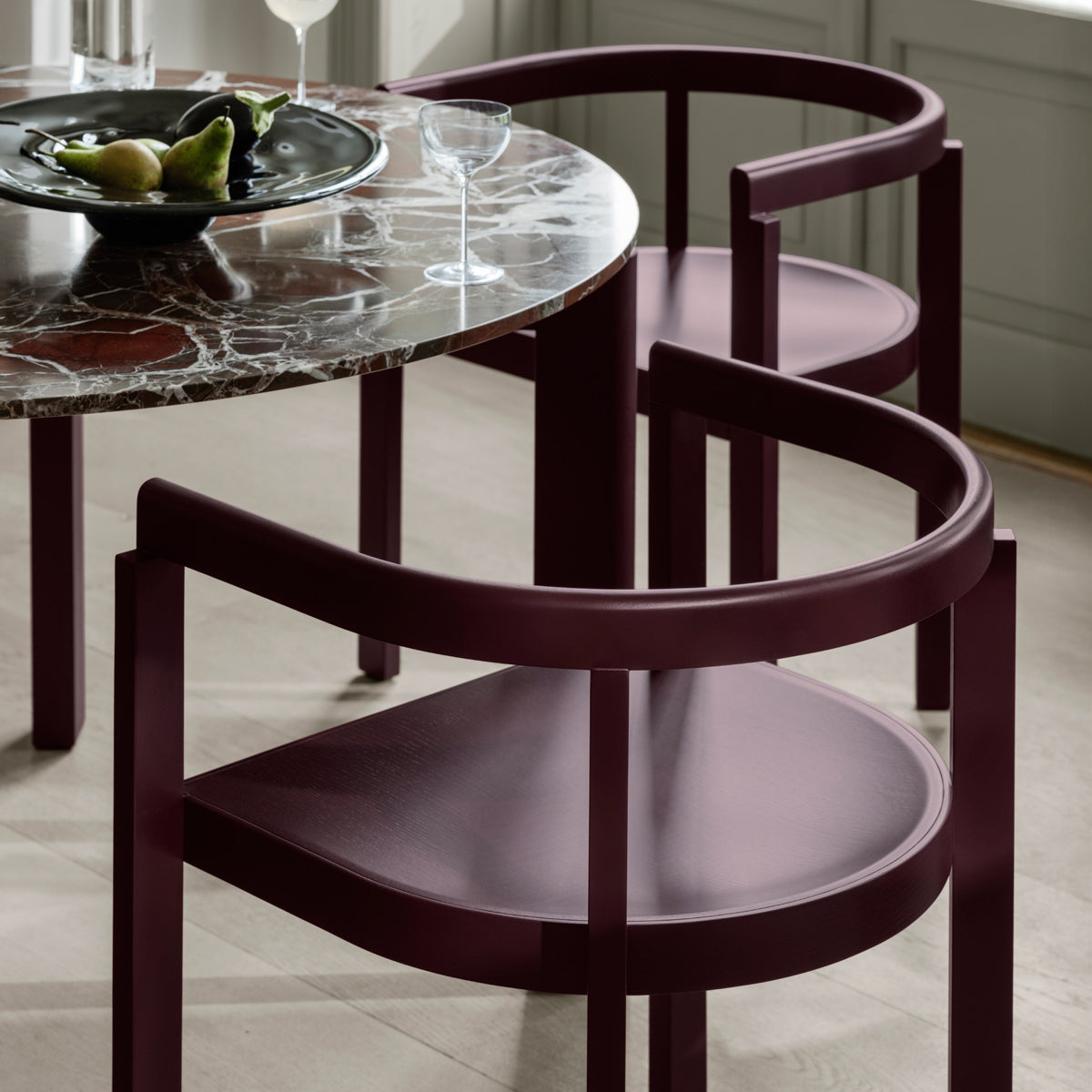 After Chair by Fritz Hansen, showing closeup view of after chairs in live shot.