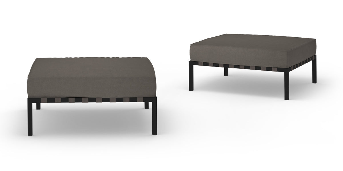 Albatross 304 Ottoman by Mamagreen, showing angle views of albatross 304 ottoman in iron black ultra durable stainless steel/cocoa keops webbing/performance textiles (grade a).