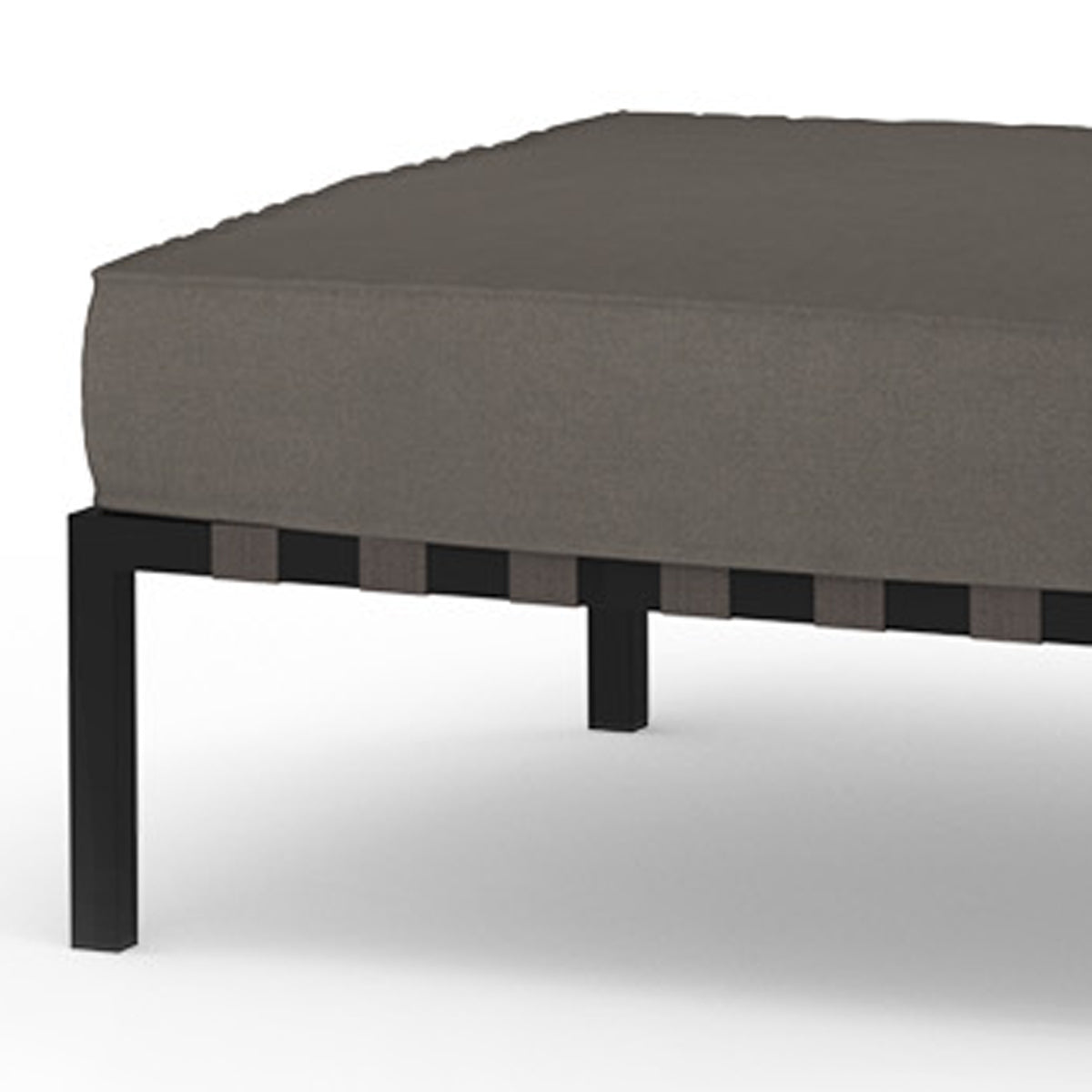 Albatross 304 Ottoman by Mamagreen, showing closeup view of albatross 304 ottoman in iron black ultra durable stainless steel/cocoa keops webbing/performance textiles (grade a).