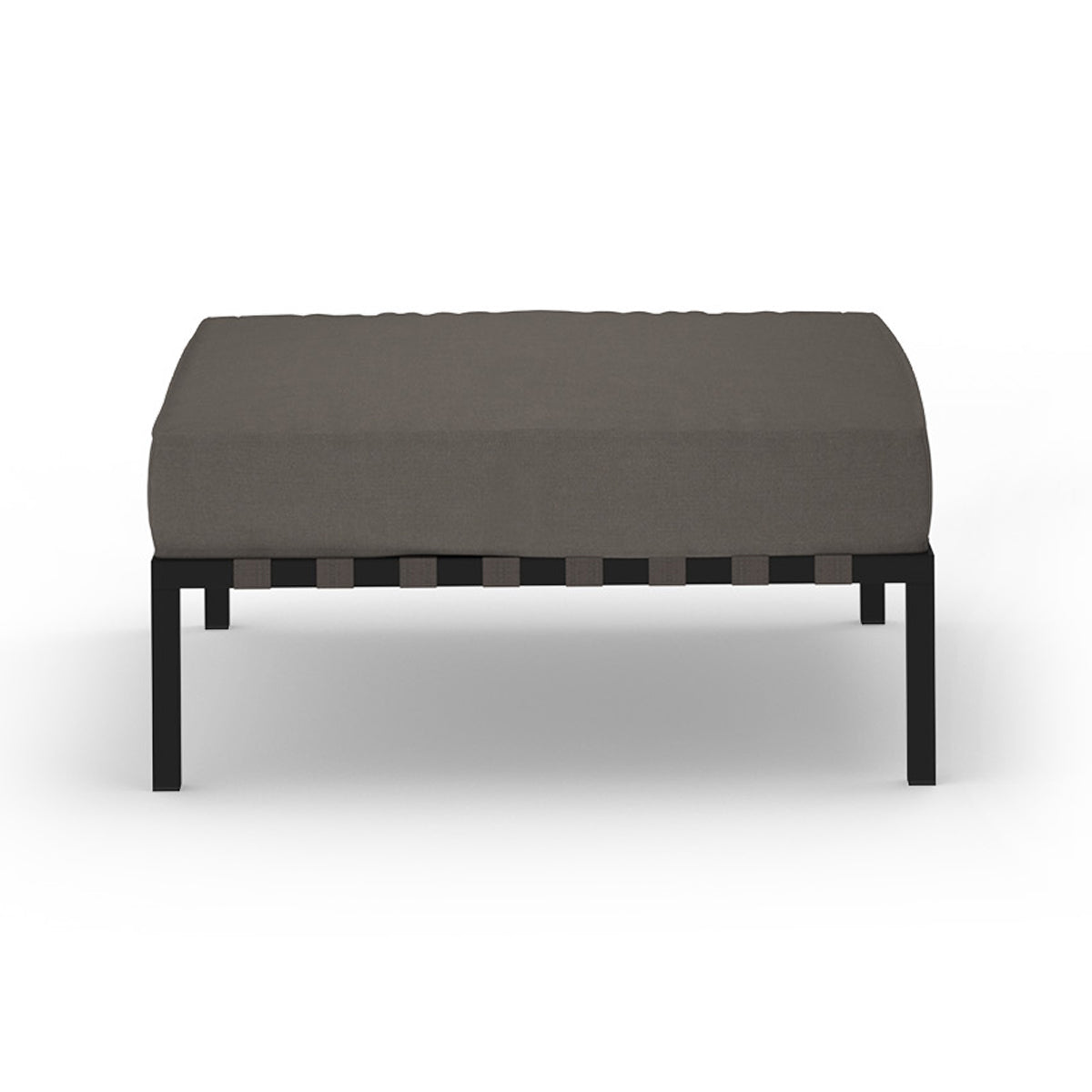 Albatross 304 Ottoman by Mamagreen, showing front view of albatross 304 ottoman in iron black ultra durable stainless steel/cocoa keops webbing/performance textiles (grade a).