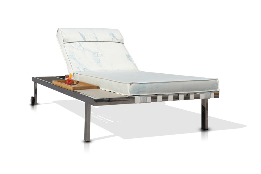 Albatross 316 Sunbed with Side Tray by Mamagreen, showing angle view of albatross 316 sunbed with side tray in heron white keops webbing/performance textiles (grade a)/mixed top.