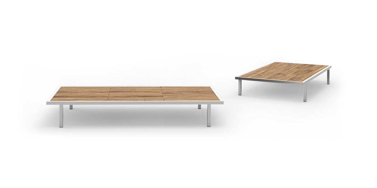Albatross Coffee Table by Mamagreen, showing different angle views of albatross coffee table in cotton ultra durable stainless steel/teak.