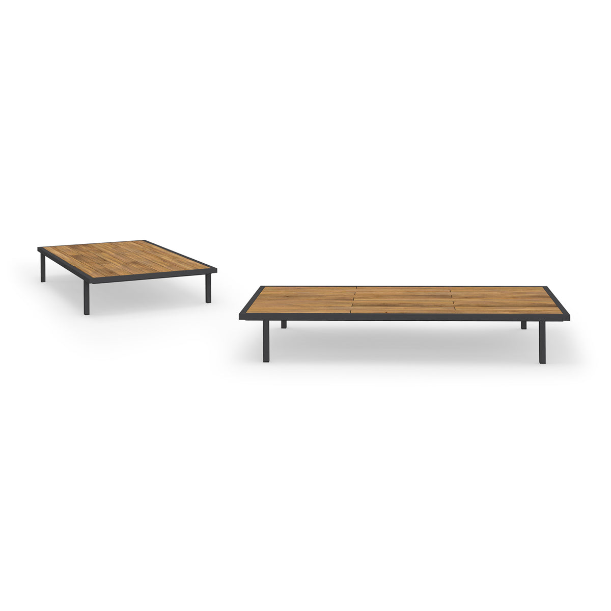 Albatross Coffee Table by Mamagreen, showing different angle views of albatross coffee table in iron black ultra durable stainless steel/teak.