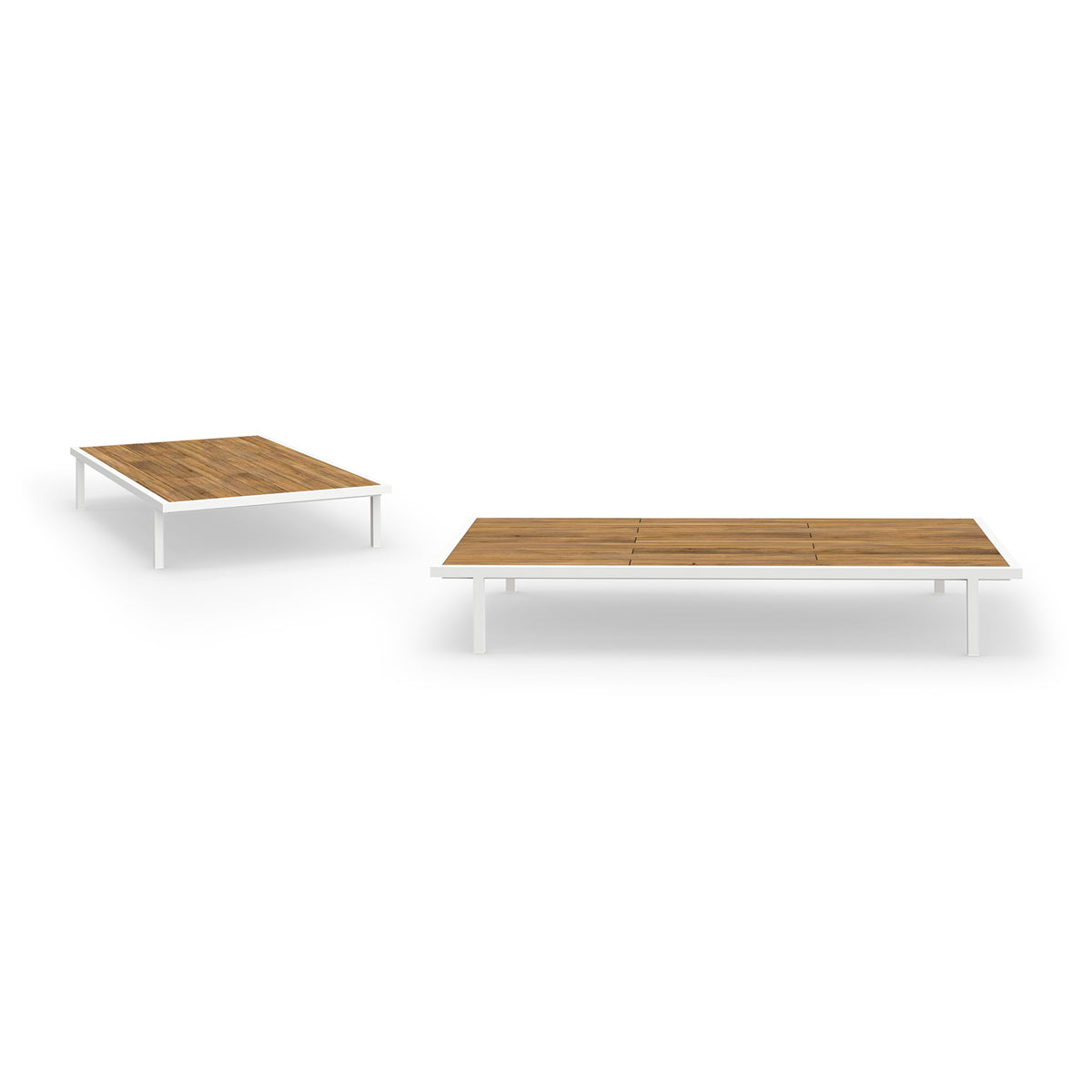 Albatross Coffee Table by Mamagreen, showing different angle views of albatross coffee table in cotton ultra durable stainless steel/teak.