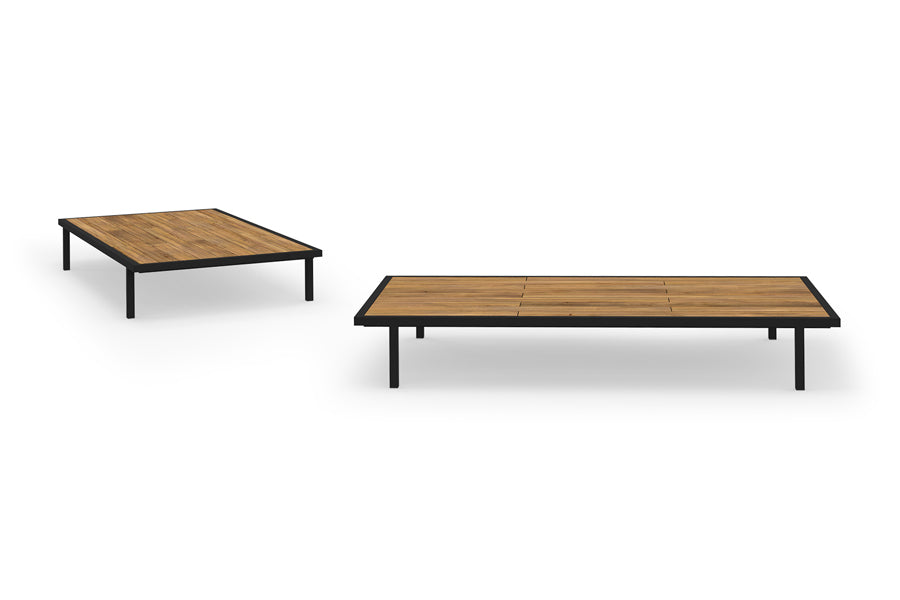 Albatross Coffee Table by Mamagreen, showing different angle views of albatross coffee table in jet black ultra durable stainless steel/teak.