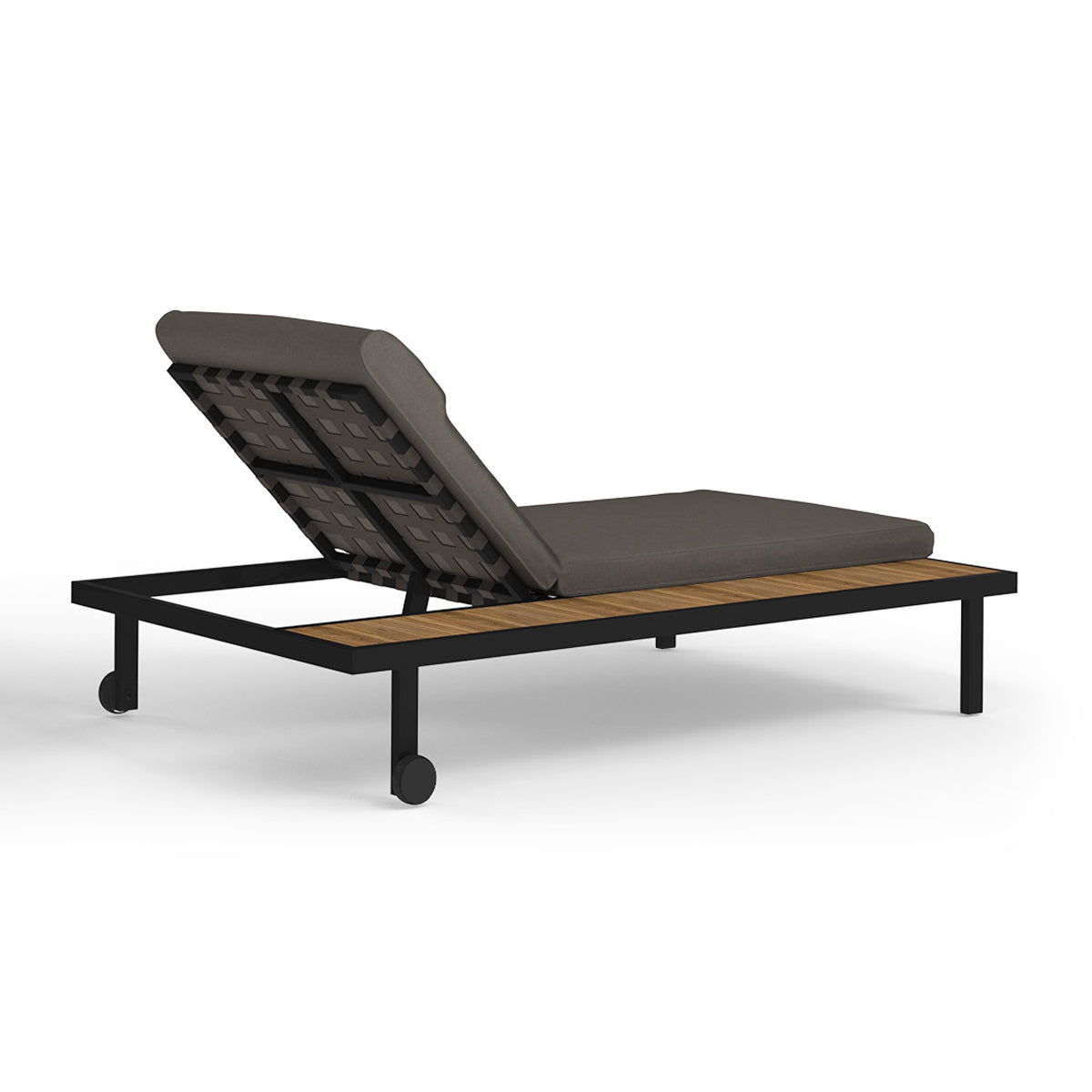 Albatross Sunbed with Side Tray by Mamagreen, showing back angle view of albatross sunbed with side tray in iron black ultra durable stainless steel/cocoa keops webbing/performance textiles (grade a)/teak.