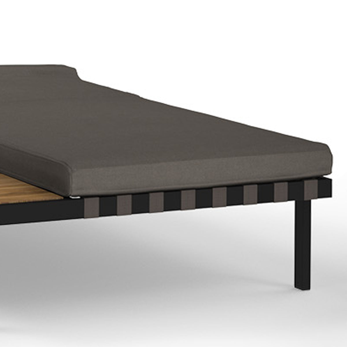 Albatross Sunbed with Side Tray by Mamagreen, showing closeup view of albatross sunbed with side tray in iron black ultra durable stainless steel/cocoa keops webbing/performance textiles (grade a)/teak.