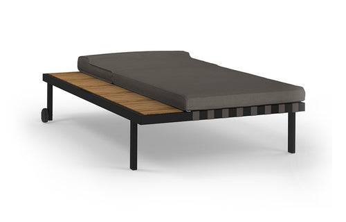 Albatross Sunbed with Side Tray by Mamagreen - Iron Black Ultra Durable Stainless Steel, Cocoa Keops Webbing, Performance Textiles (Grade A)/Teak.