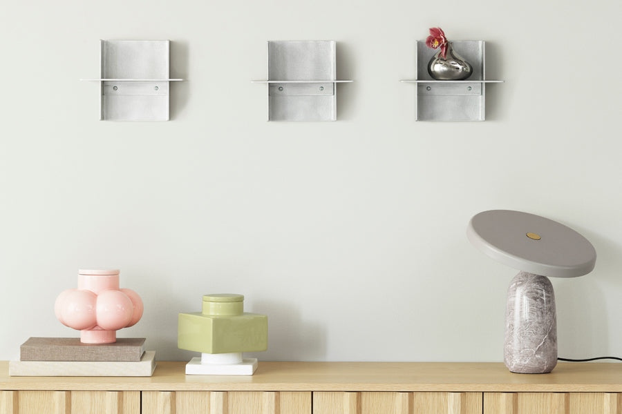 Alu Shelf by Normann Copenhagen, showing alu shelves in live shot.