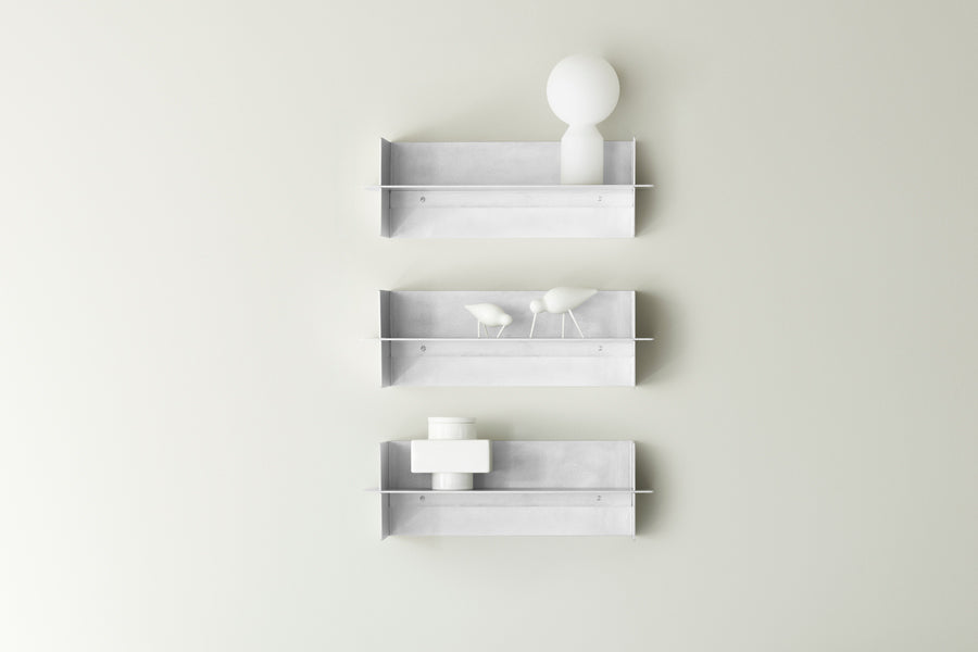 Alu Shelf by Normann Copenhagen, showing alu shelves in live shot.
