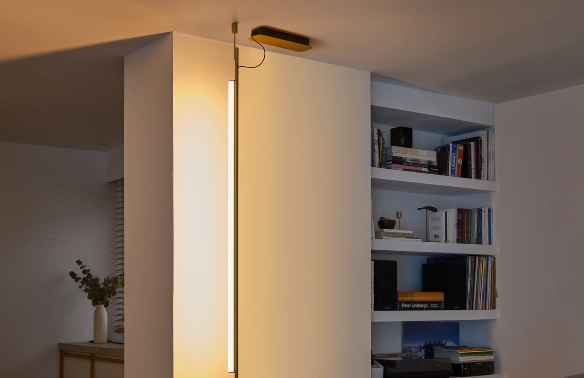 Ambrosia Floor/Pendant Light by Marset, showing closeup view of ambrosia floor/pendant light in live shot.