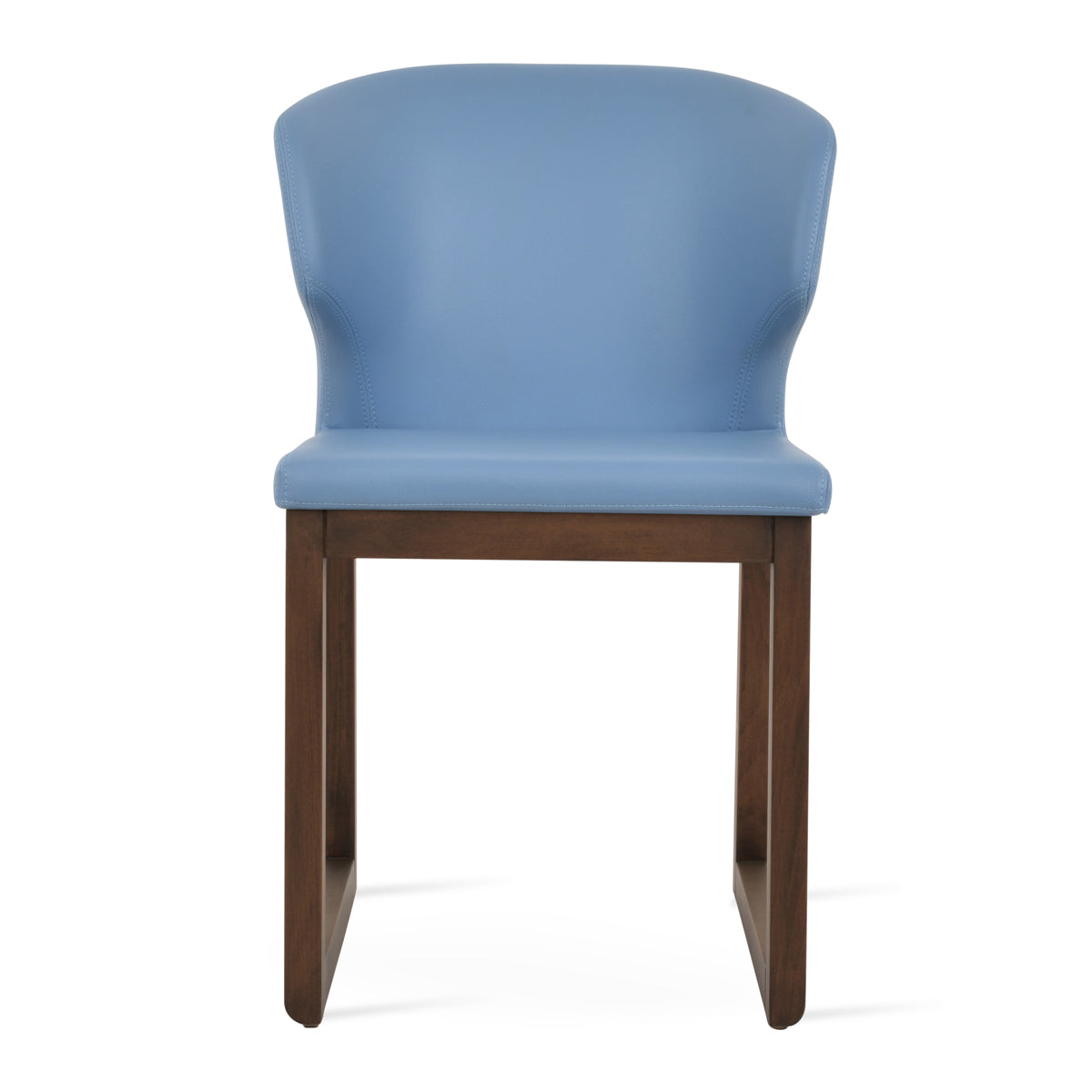 Amed Sled Wood Chair by SohoConcept, showing front view of amed sled wood chair in beech walnut wood/blue leatherette.