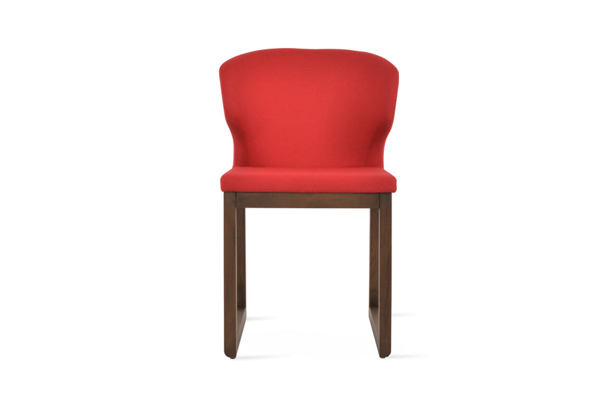 Amed Sled Wood Chair by SohoConcept, showing front view of amed sled wood chair in beech walnut wood/camira era red fabric.