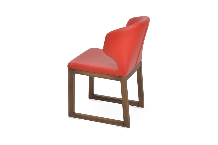 Amed Sled Wood Chair by SohoConcept, showing back view of amed sled wood chair in beech walnut wood/red leatherette.