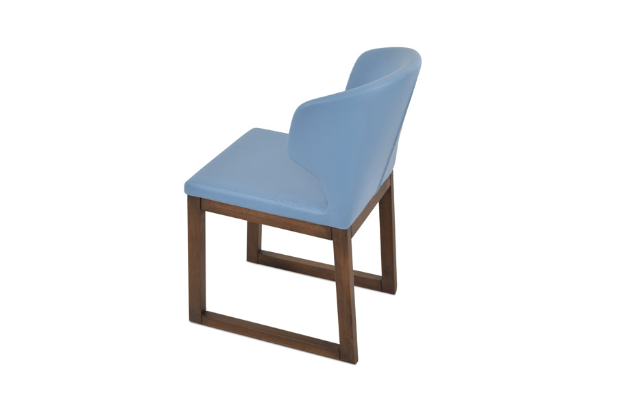 Amed Sled Wood Chair by SohoConcept, showing back view of amed sled wood chair in beech walnut wood/blue leatherette.