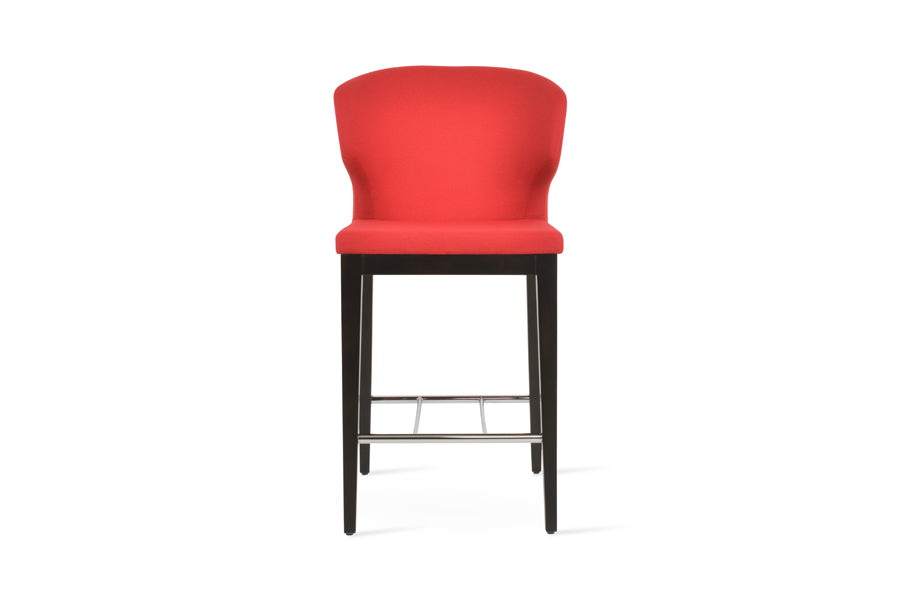 Amed Wood Stool by SohoConcept, showing front view of amed wood stool in beech wenge wood/camira era red fabric.