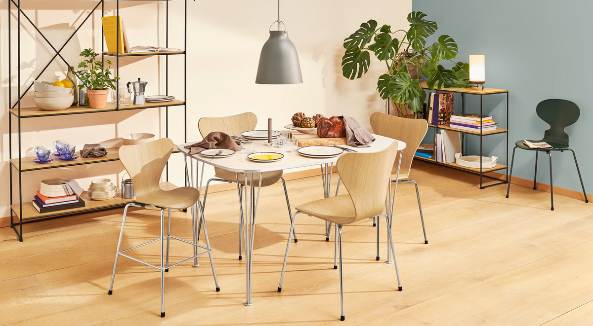 Ant Chair by Fritz Hansen, showing ant chairs in live shot.