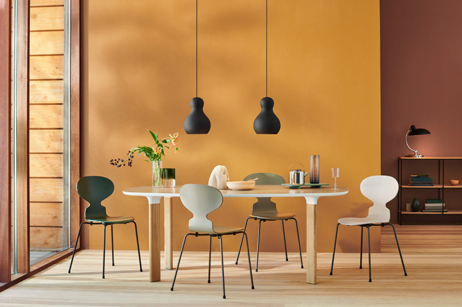 Ant Chair by Fritz Hansen, showing ant chairs in live shot.