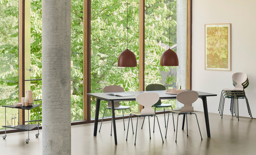 Ant Chair by Fritz Hansen, showing ant chairs in live shot.