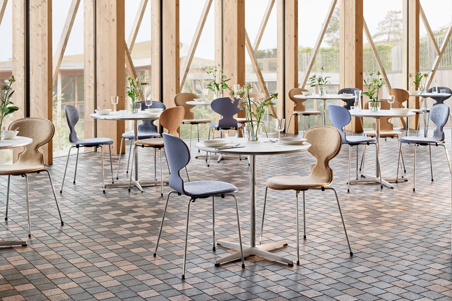Ant Front Upholstery Chair by Fritz Hansen, showing ant front upholstery chairs in live shot.