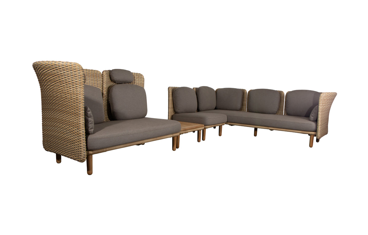 Arch Sectional by Cane-Line - Corner Sofa with low+high Arms/Backrests & Table/Natural/Taupe Flat Weave.