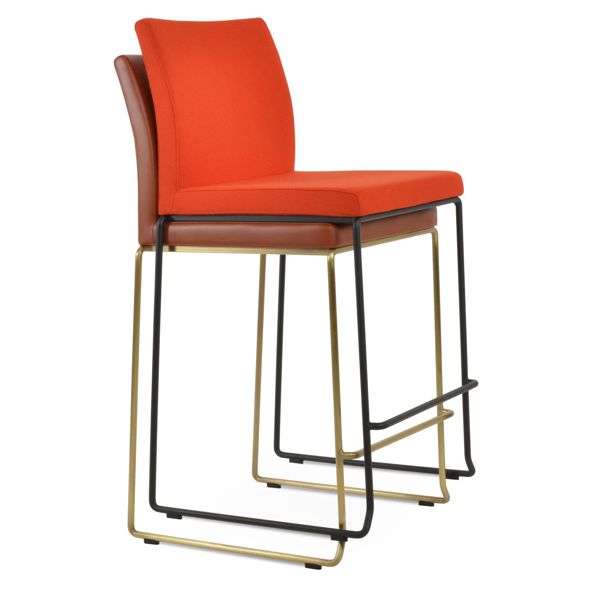 Aria Wire Stackable Bar Stool by SohoConcept, showing angle view of aria wire stackable bar stools in brass wire/cinnamon ppm-fr & black powder wire/camira blazer orange wool.