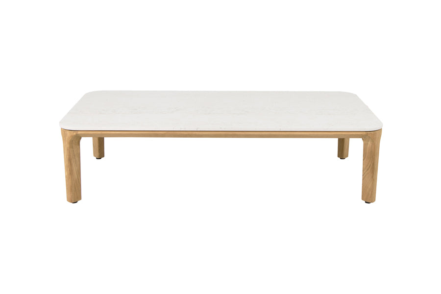 Aspect Coffee Table by Cane-Line, showing front view of aspect coffee table in travertine look ceramic/teak.