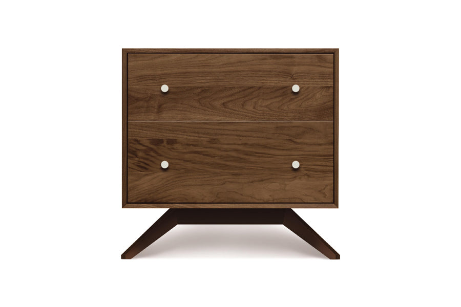 Astrid Nightstand by Copeland Furniture, showing front view of astrid nightstand in 2 drawers/walnut/dark chocolate.