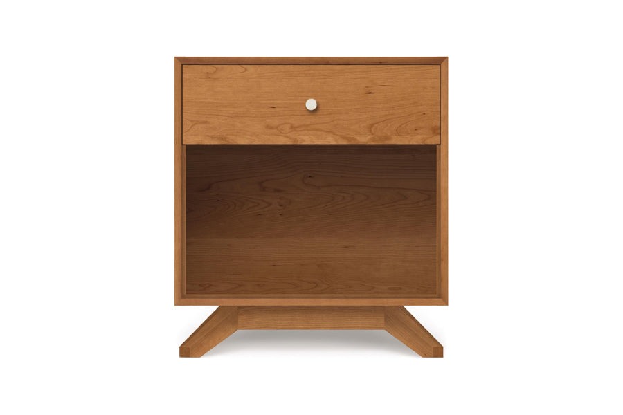 Astrid Nightstand by Copeland Furniture, showing front view of astrid nightstand in 1 drawer/natural walnut.