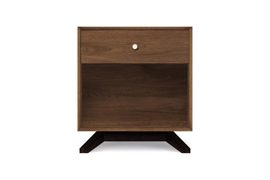 Astrid Nightstand by Copeland Furniture, showing front view of astrid nightstand in 1 drawer/walnut/dark chocolate.