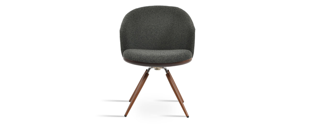 Athena Carrot Swivel Dining Armchair by SohoConcept, showing front view of athena carrot swivel dining armchair in walnut & polished stainless steel/black boucle fabric.