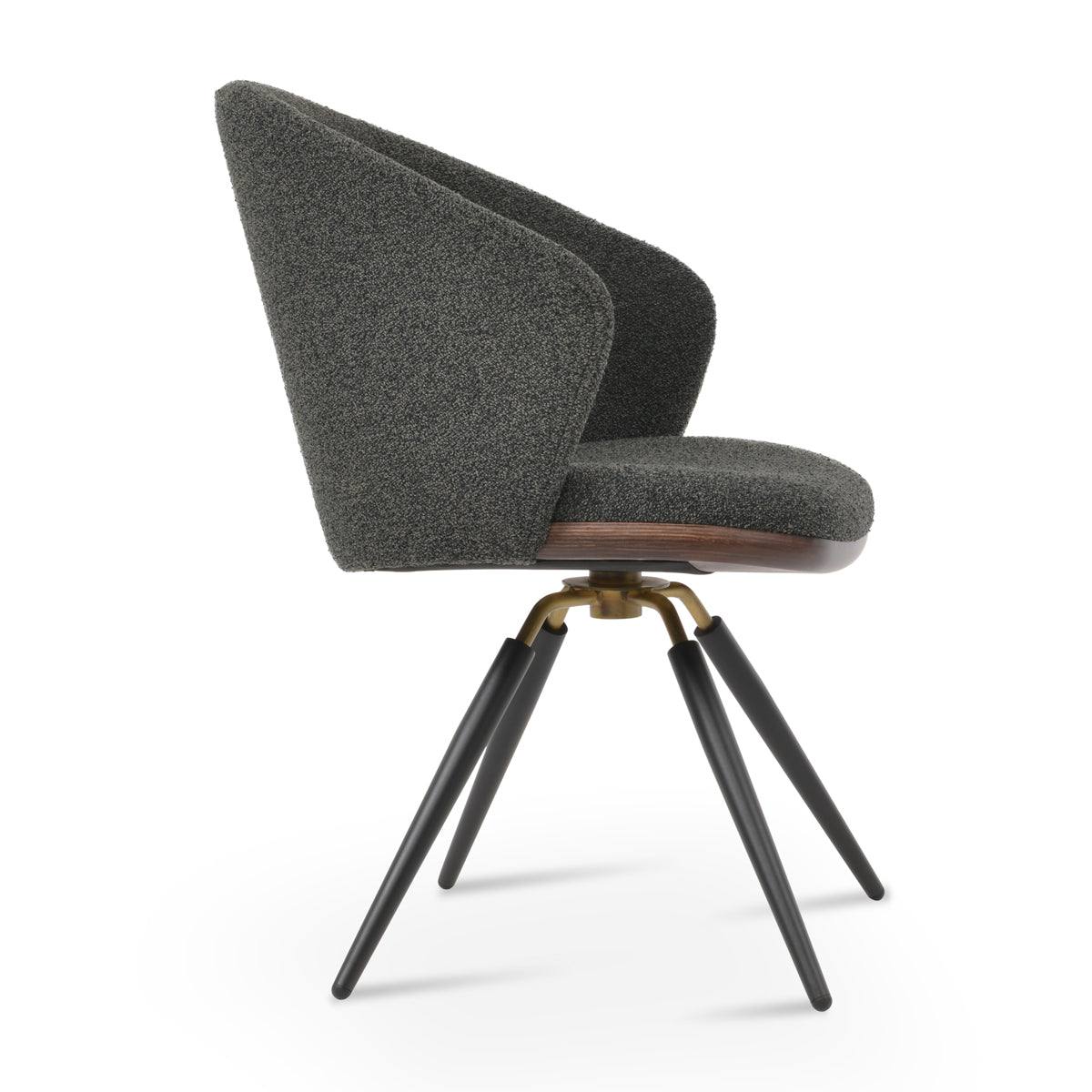 Athena Carrot Swivel Dining Armchair by SohoConcept, showing side view of athena carrot swivel dining armchair in black powder & brass/black boucle fabric.