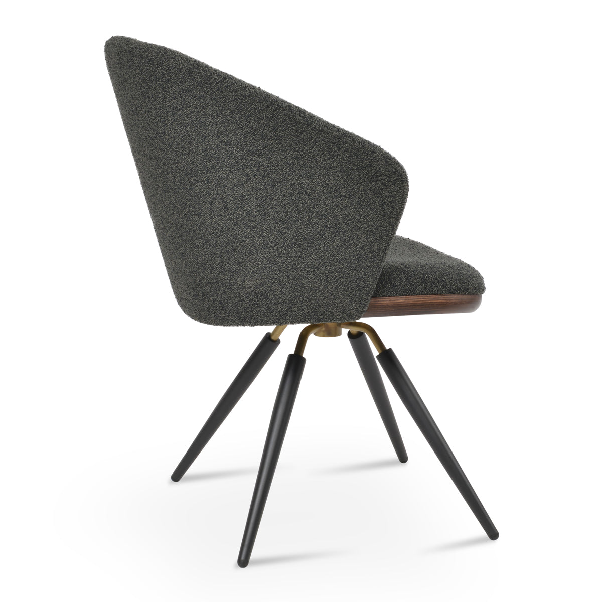 Athena Carrot Swivel Dining Armchair by SohoConcept, showing back view of athena carrot swivel dining armchair in black powder & brass/black boucle fabric.