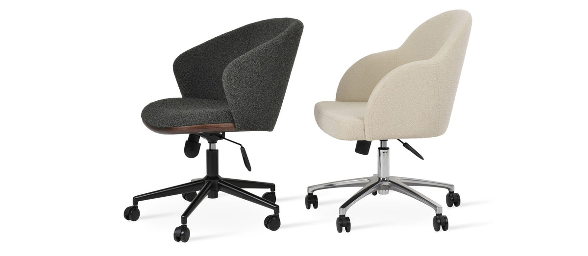 Athena Office Chair by SohoConcept, showing side view of athena office chairs in black finish/black boucle fabric & chrome/boucle off white fabric.