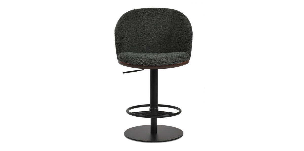 Athena Piston Stool by SohoConcept, showing front view of athena piston stool in black powder/black boucle fabric.