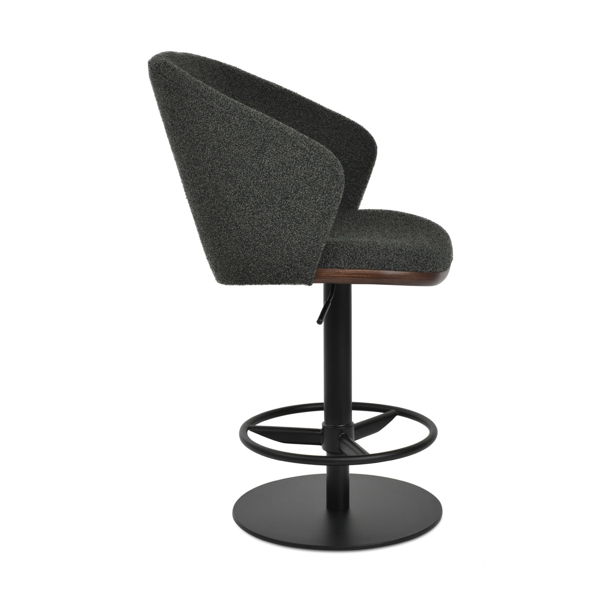 Athena Piston Stool by SohoConcept, showing side view of athena piston stool in black powder/black boucle fabric.