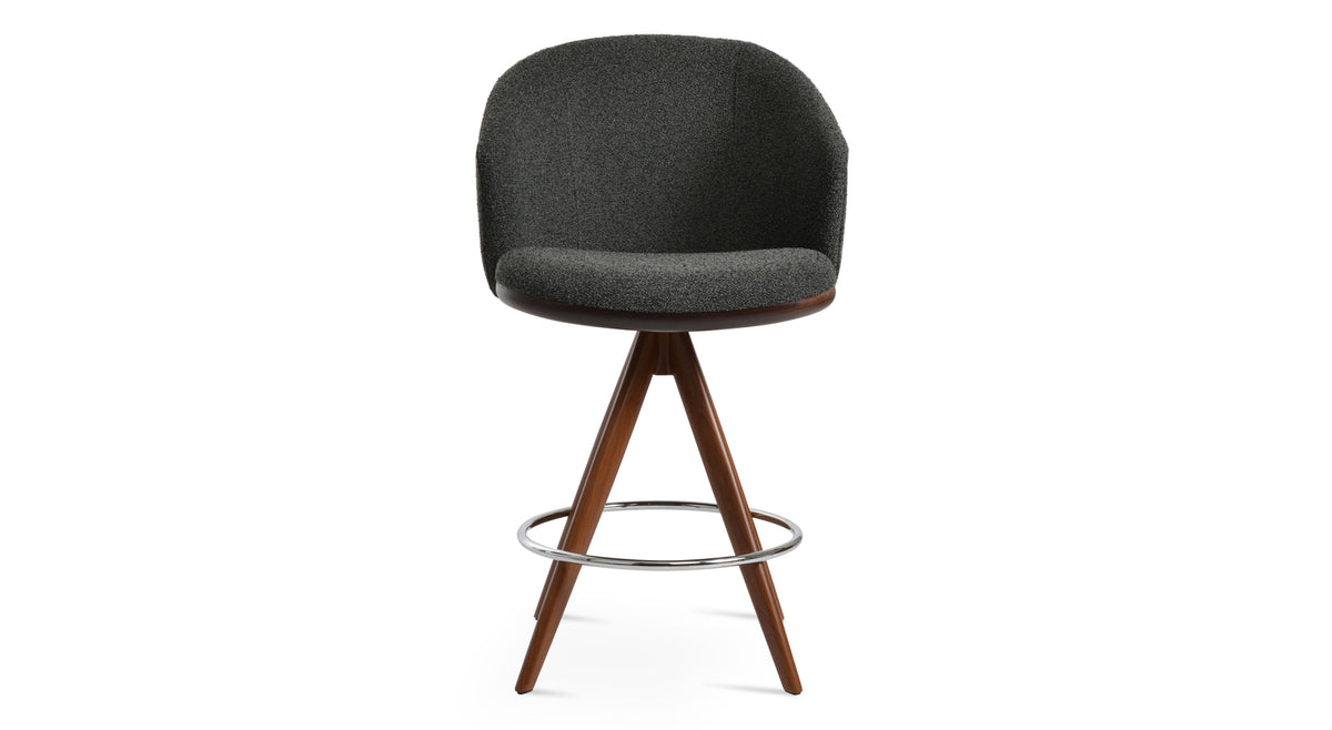 Athena Pyramid MW Swivel Stool by SohoConcept, showing front view of athena pyramid mw swivel stool in walnut veneer legs & chrome footrest/black boucle fabric.
