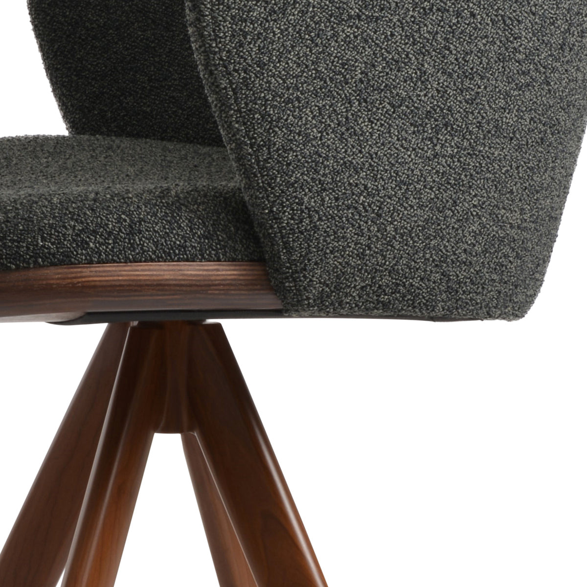 Athena Pyramid MW Swivel Stool by SohoConcept, showing closeup view of athena pyramid mw swivel stool in walnut veneer legs & chrome footrest/black boucle fabric.