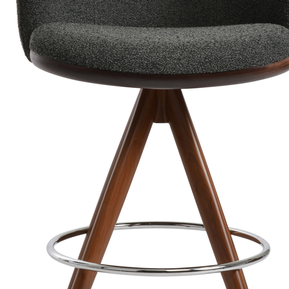Athena Pyramid MW Swivel Stool by SohoConcept, showing closeup view of athena pyramid mw swivel stool in walnut veneer legs & chrome footrest/black boucle fabric.