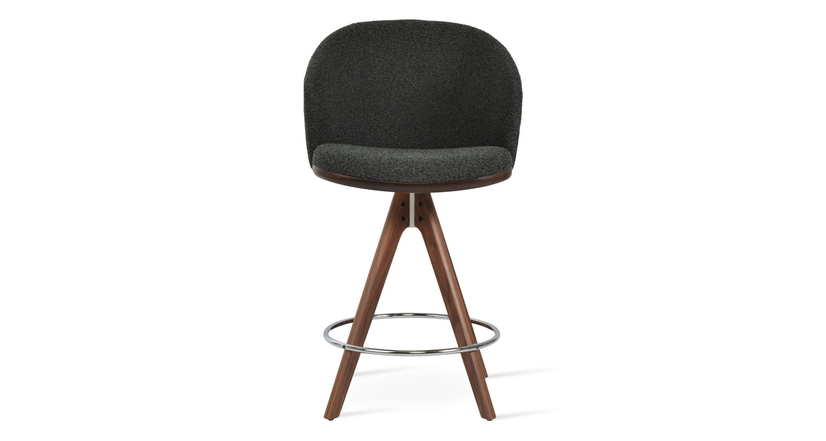 Athena Pyramid Stool by SohoConcept, showing front view of athena pyramid stool in original american walnut wood/black boucle fabric.