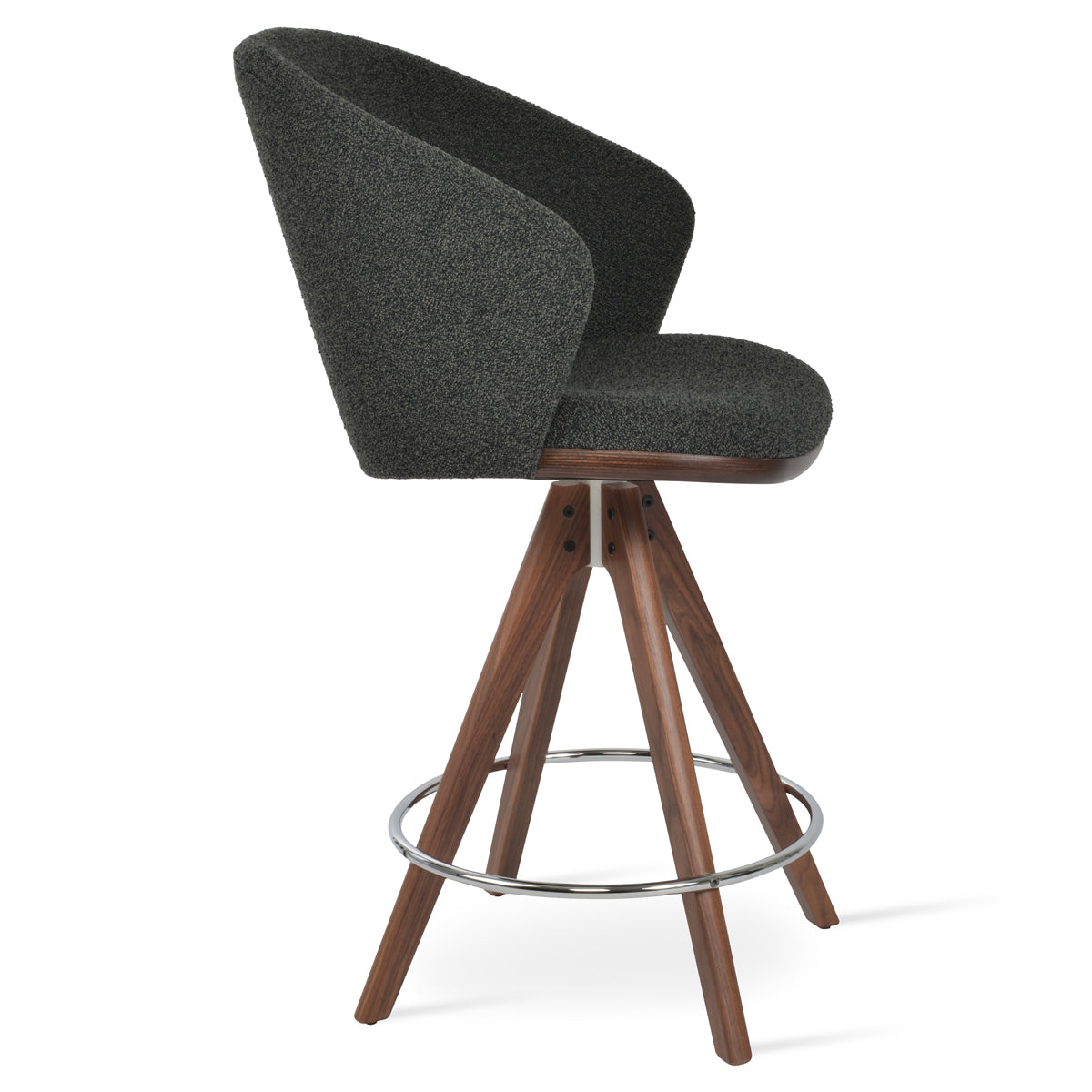 Athena Pyramid Stool by SohoConcept, showing side view of athena pyramid stool in original american walnut wood/black boucle fabric.
