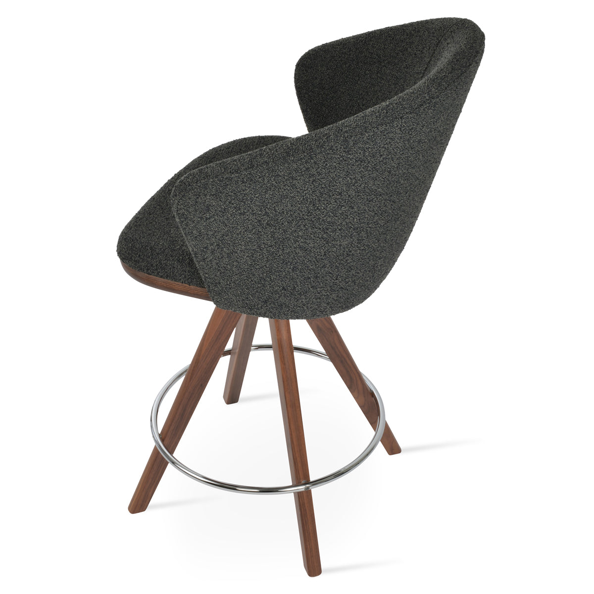 Athena Pyramid Stool by SohoConcept, showing back view of athena pyramid stool in original american walnut wood/black boucle fabric.