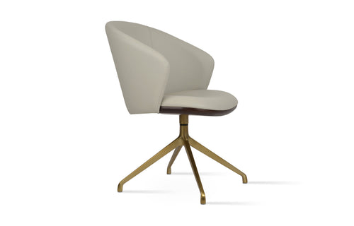 Athena Spider Swivel Arm Chair by SohoConcept - Brass Aluminum, Walnut, Light Grey Leatherette.