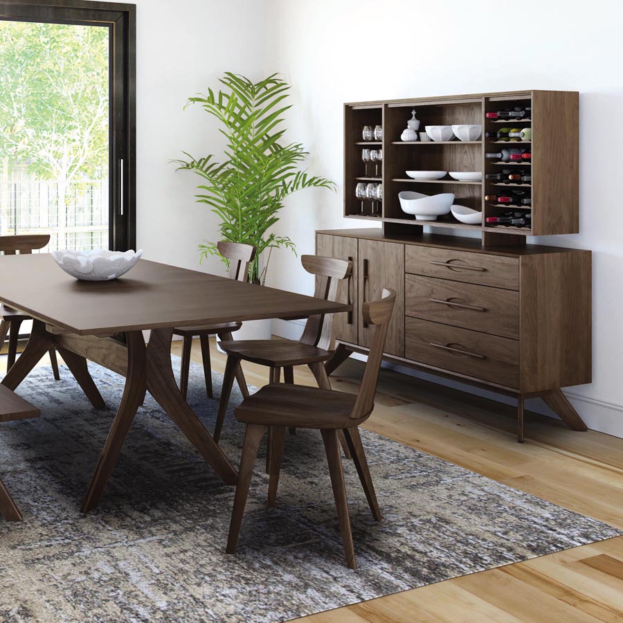 Audrey Buffet by Copeland Furniture, showing audrey buffet with dining table and chair in live shot.