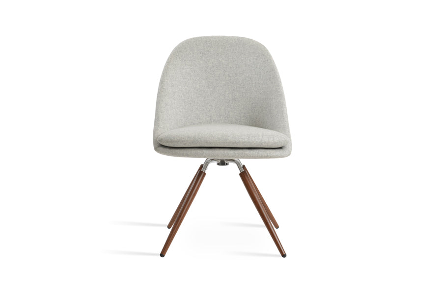 Avanos Carrot Swivel Dining Chair by SohoConcept, showing front view of avanos carrot swivel dining chair in walnut & polished stainless steel/camira blazer silver wool.