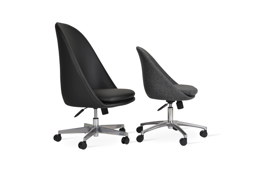 Avanos Office Chair by SohoConcept, showing angle view of large avanos office chair in aluminum/black leatherette with small chair.