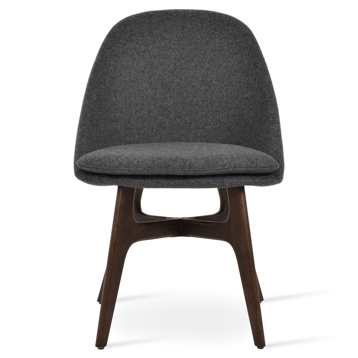 Avanos Wood Dining Chair by SohoConcept, showing front view of avanos wood dining chair in camira blazer dark grey wool.