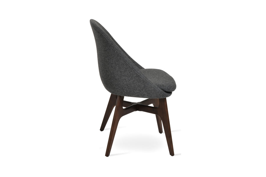 Avanos Wood Dining Chair by SohoConcept, showing side view of avanos wood dining chair in camira blazer dark grey wool.