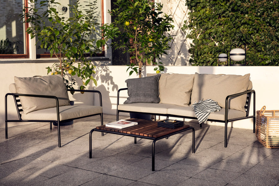 Avon Outdoor Coffee Table by Houe, showing avon outdoor coffee table in live shot.